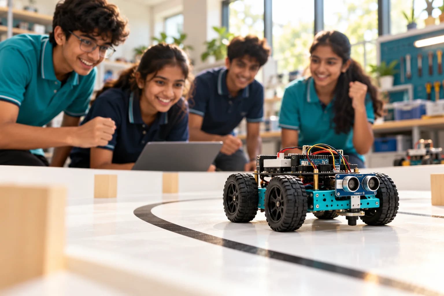 Illustrative student-built rover on a line-following arena in a bright robotics lab