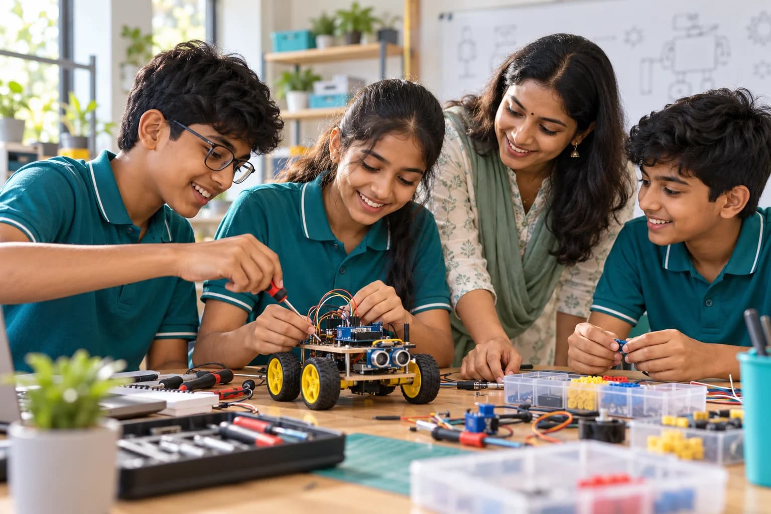 AI-generated illustration of students collaborating on a robotics build